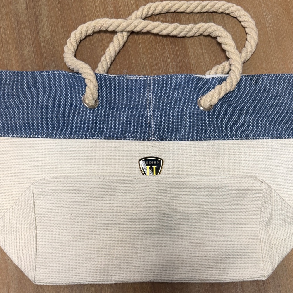 Blue and Cream Tote Bag with Rope Handles